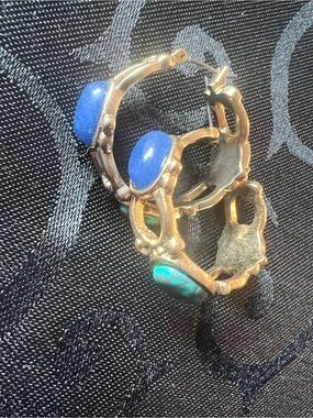 Vintage 80s Gold-Tone Hoop Earrings with Blue and Turquoise Cabochons